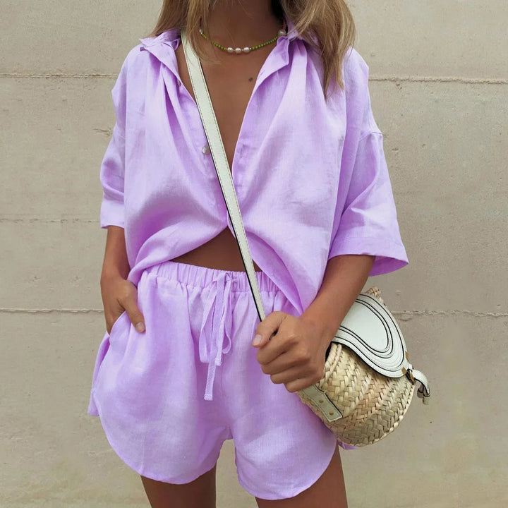 Jossine | Women's Two-Piece Matching Shirt and Shorts Set Linen-Look Relaxed Fit Drawstring Waist — Fioletowy