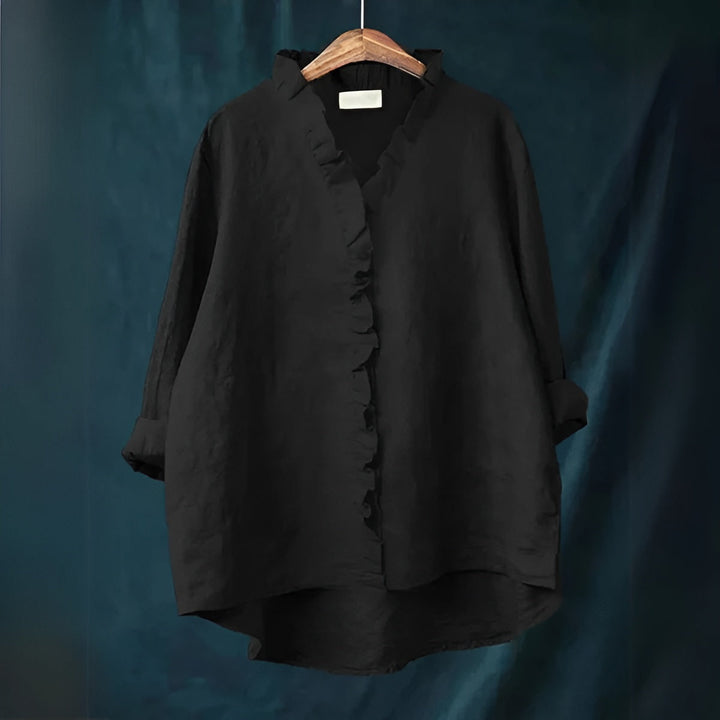 Jossstine | Women's Casual Ruffled Button-Front Linen Blouse — Black