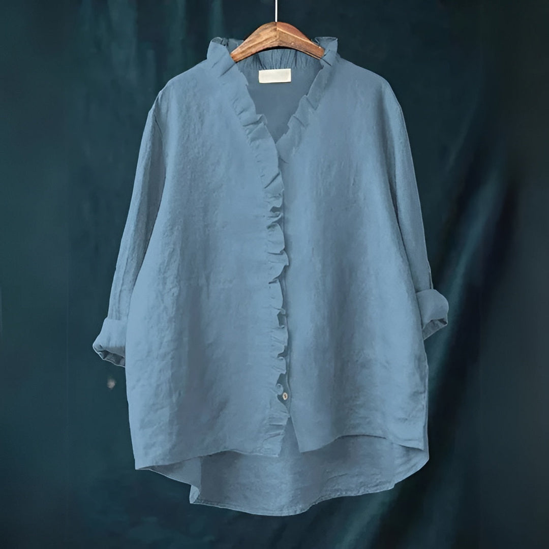 Jossstine | Women's Casual Ruffled Button-Front Linen Blouse — Blue