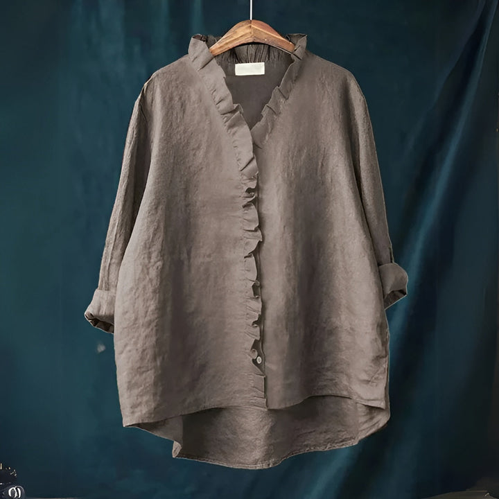 Jossstine | Women's Casual Ruffled Button-Front Linen Blouse — Dark Gray