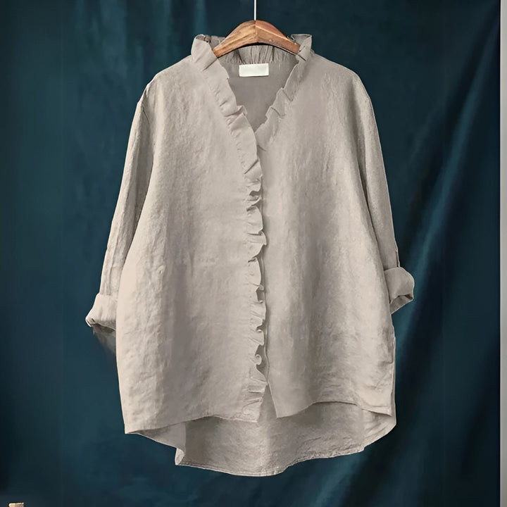 Jossstine | Women's Casual Ruffled Button-Front Linen Blouse — Gray