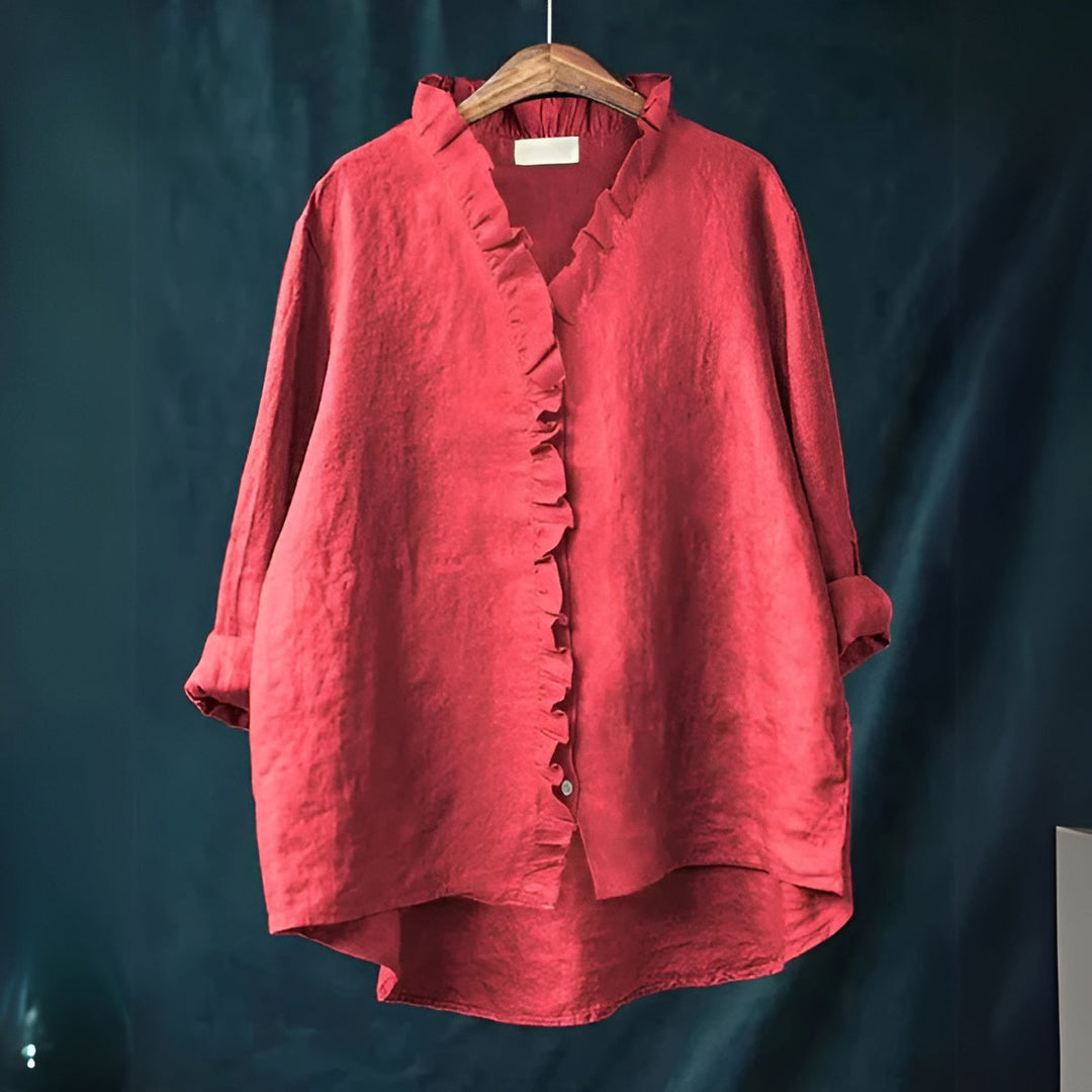 Jossstine | Women's Casual Ruffled Button-Front Linen Blouse — Red