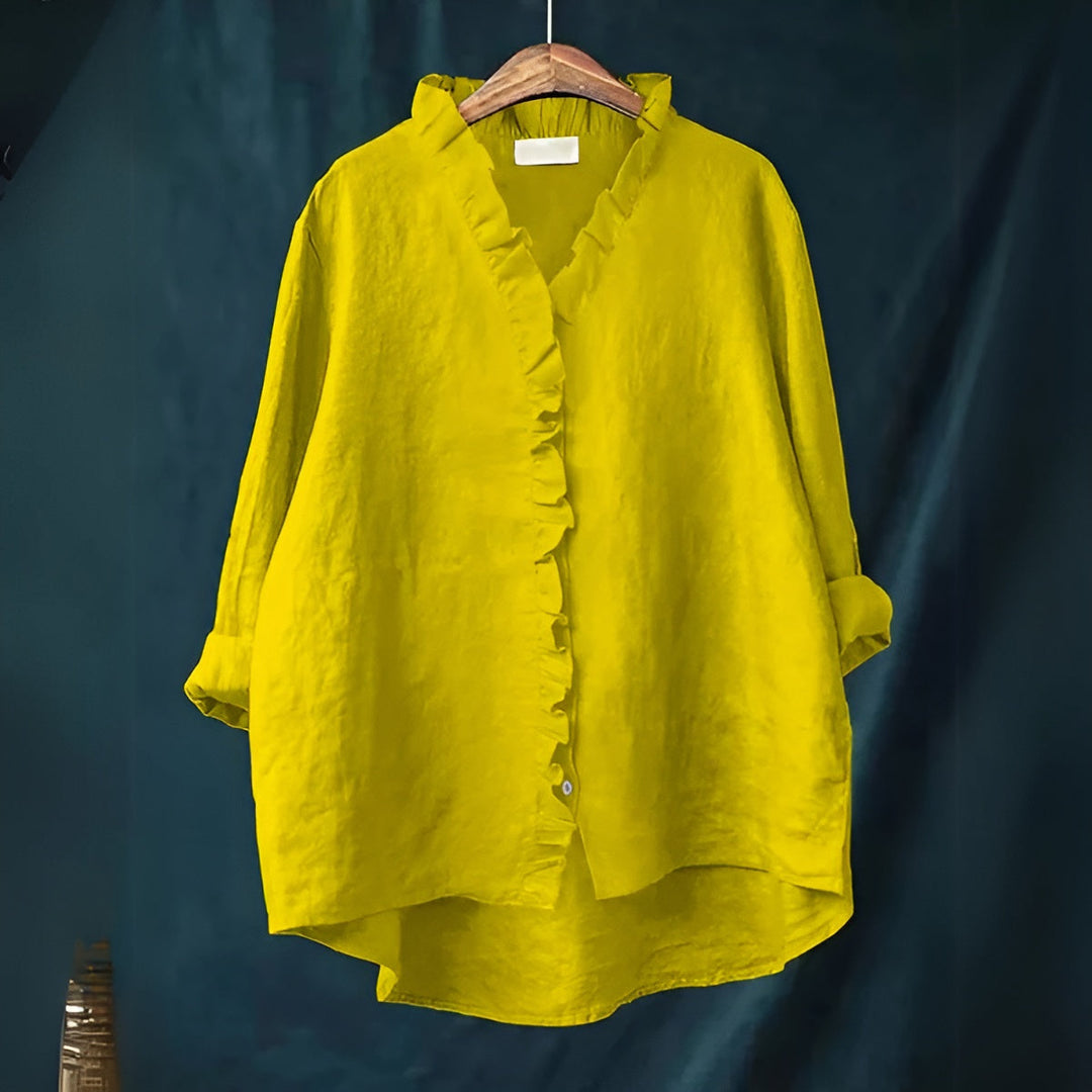 Jossstine | Women's Casual Ruffled Button-Front Linen Blouse — Yellow