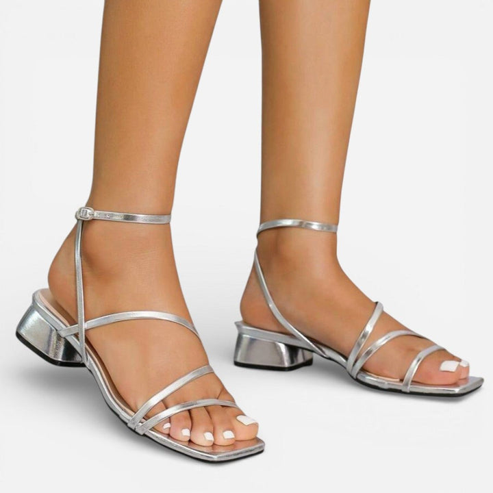 Jossynn | Women's Comfortable Gold Metallic Block Heel Sandals — Silver