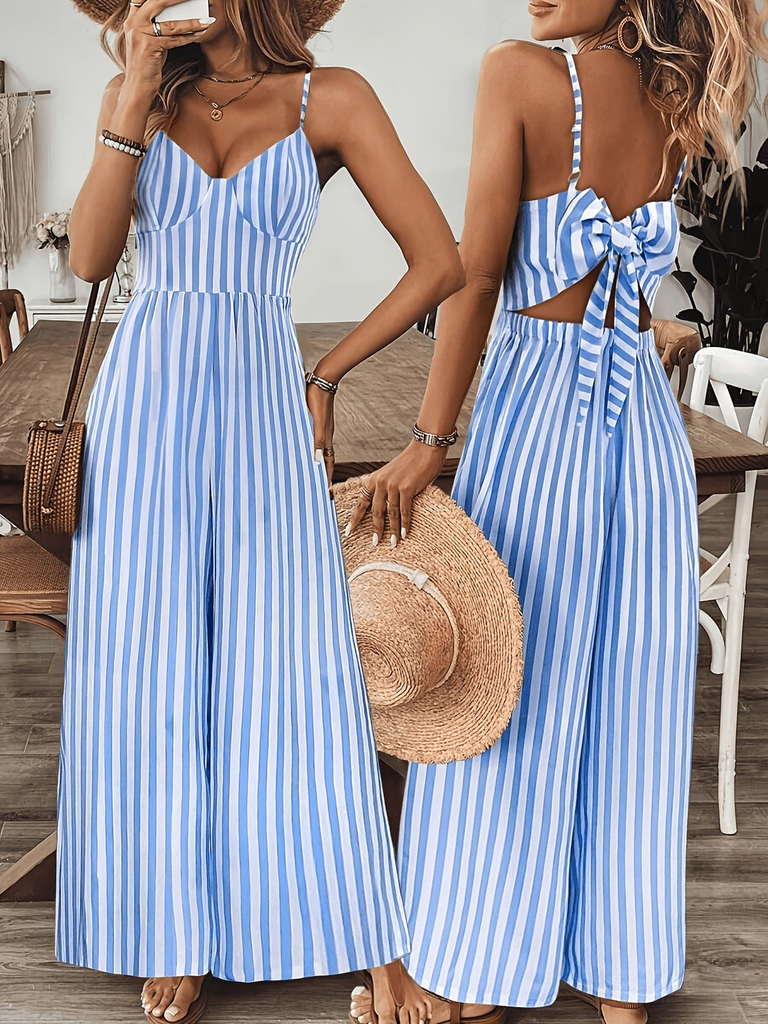 Juliet | Women's Wide-Leg Elegant striped wide jumpsuit with V Ausschnitt and Schleife hinten — 3