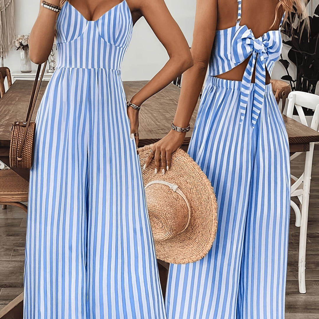 Juliet | Women's Wide-Leg Elegant striped wide jumpsuit with V Ausschnitt and Schleife hinten — XL