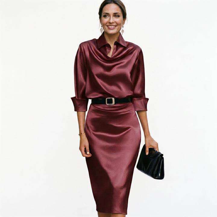 Junia | Women's Wedding Guest Elegant Katherine Draped Collar Satin Midi Dress Dresses — 1