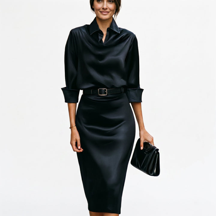 Junia | Women's Wedding Guest Elegant Katherine Draped Collar Satin Midi Dress Dresses — 3