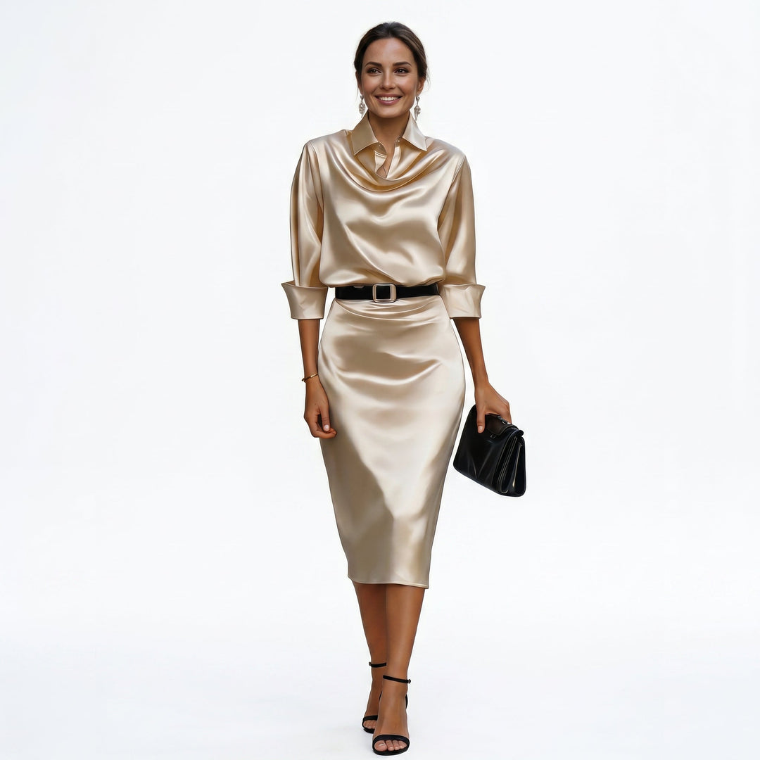 Junia | Women's Wedding Guest Elegant Katherine Draped Collar Satin Midi Dress Dresses — Champagne