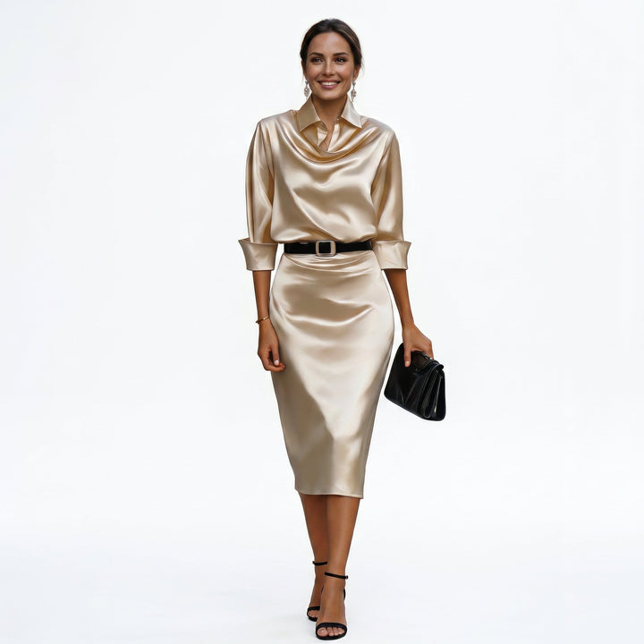 Junia | Women's Wedding Guest Elegant Katherine Draped Collar Satin Midi Dress Dresses — Champagne