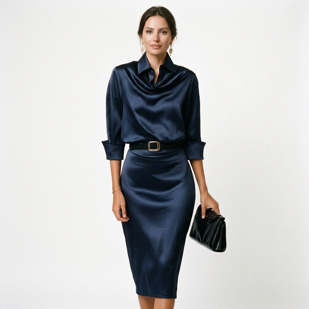 Junia | Women's Wedding Guest Elegant Katherine Draped Collar Satin Midi Dress Dresses — Navy Blue