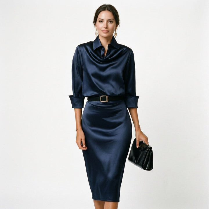 Junia | Women's Wedding Guest Elegant Katherine Draped Collar Satin Midi Dress Dresses — Navy Blue