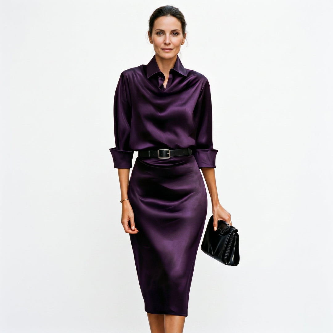 Junia | Women's Wedding Guest Elegant Katherine Draped Collar Satin Midi Dress Dresses — Purple