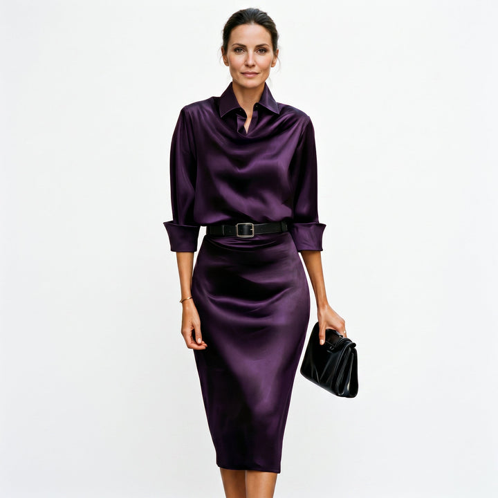 Junia | Women's Wedding Guest Elegant Katherine Draped Collar Satin Midi Dress Dresses — Purple
