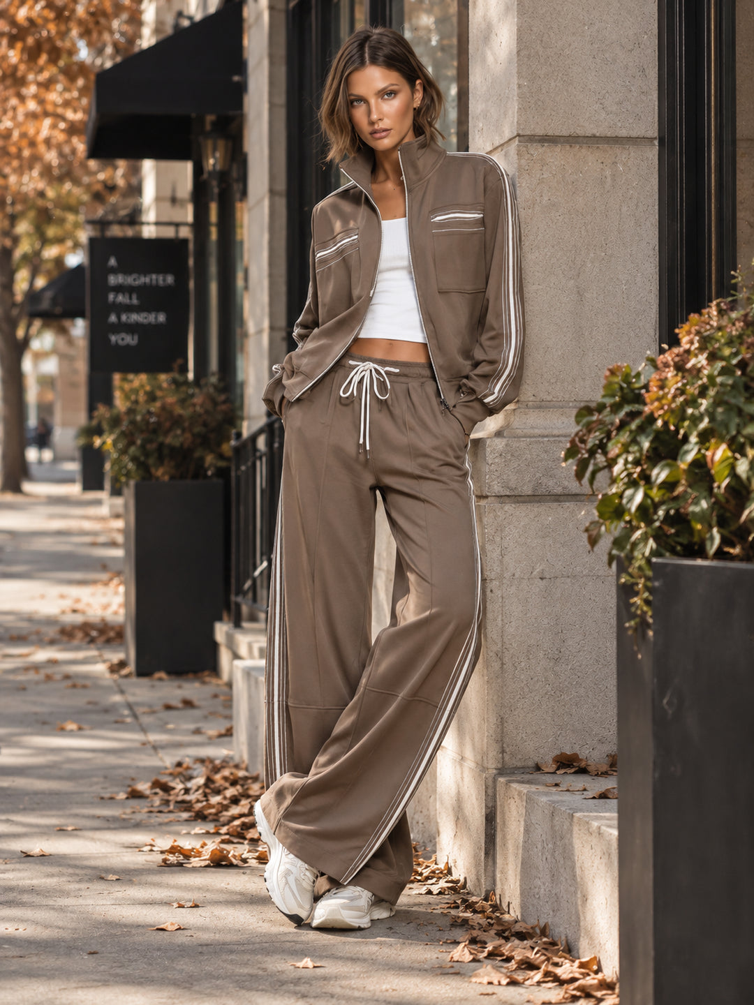 Kairaaine | Women's Wide-Leg Striped-trim Tan Sweatshirt Jacket And Pants Cotton Set — 2