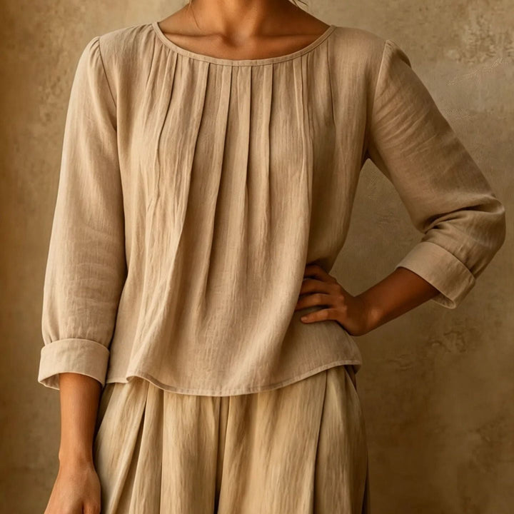 Kairaisse | Women's Relaxed Casual Blouse Linen Pleated Front — Beige