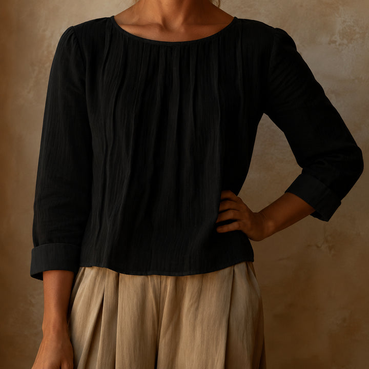 Kairaisse | Women's Relaxed Casual Blouse Linen Pleated Front — Black