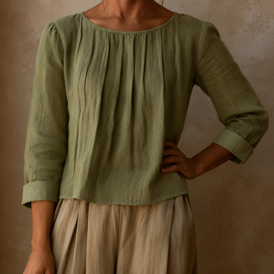 Kairaisse | Women's Relaxed Casual Blouse Linen Pleated Front — Green