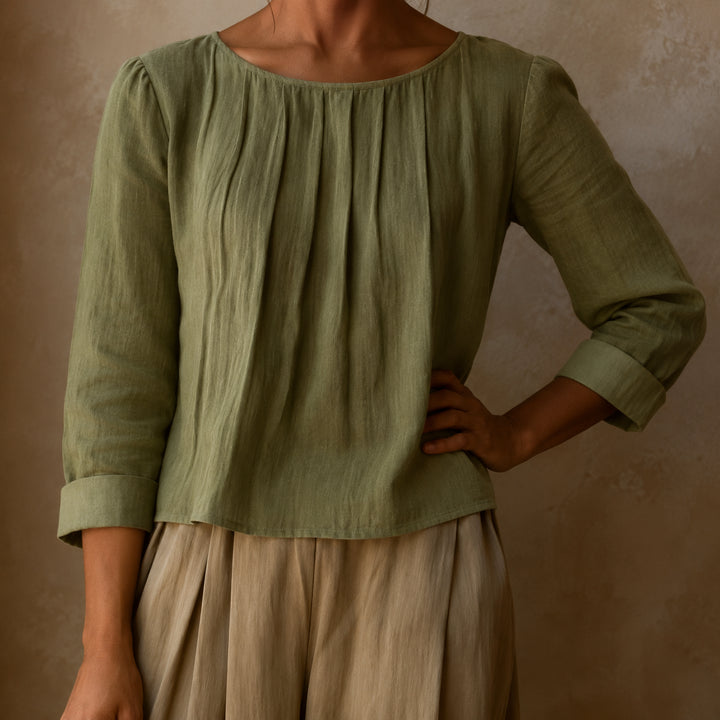 Kairaisse | Women's Relaxed Casual Blouse Linen Pleated Front — Green