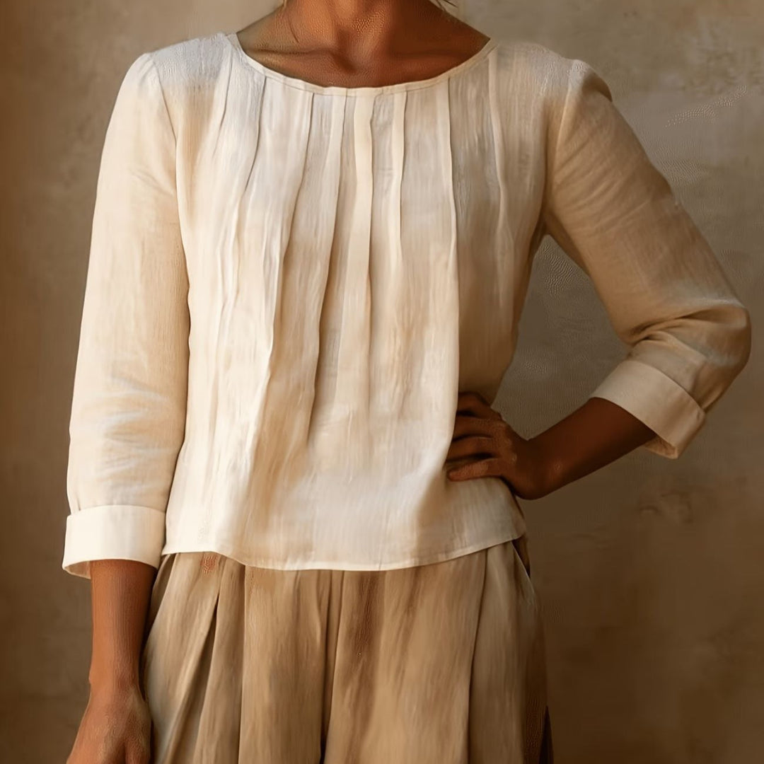 Kairaisse | Women's Relaxed Casual Blouse Linen Pleated Front — Khaki