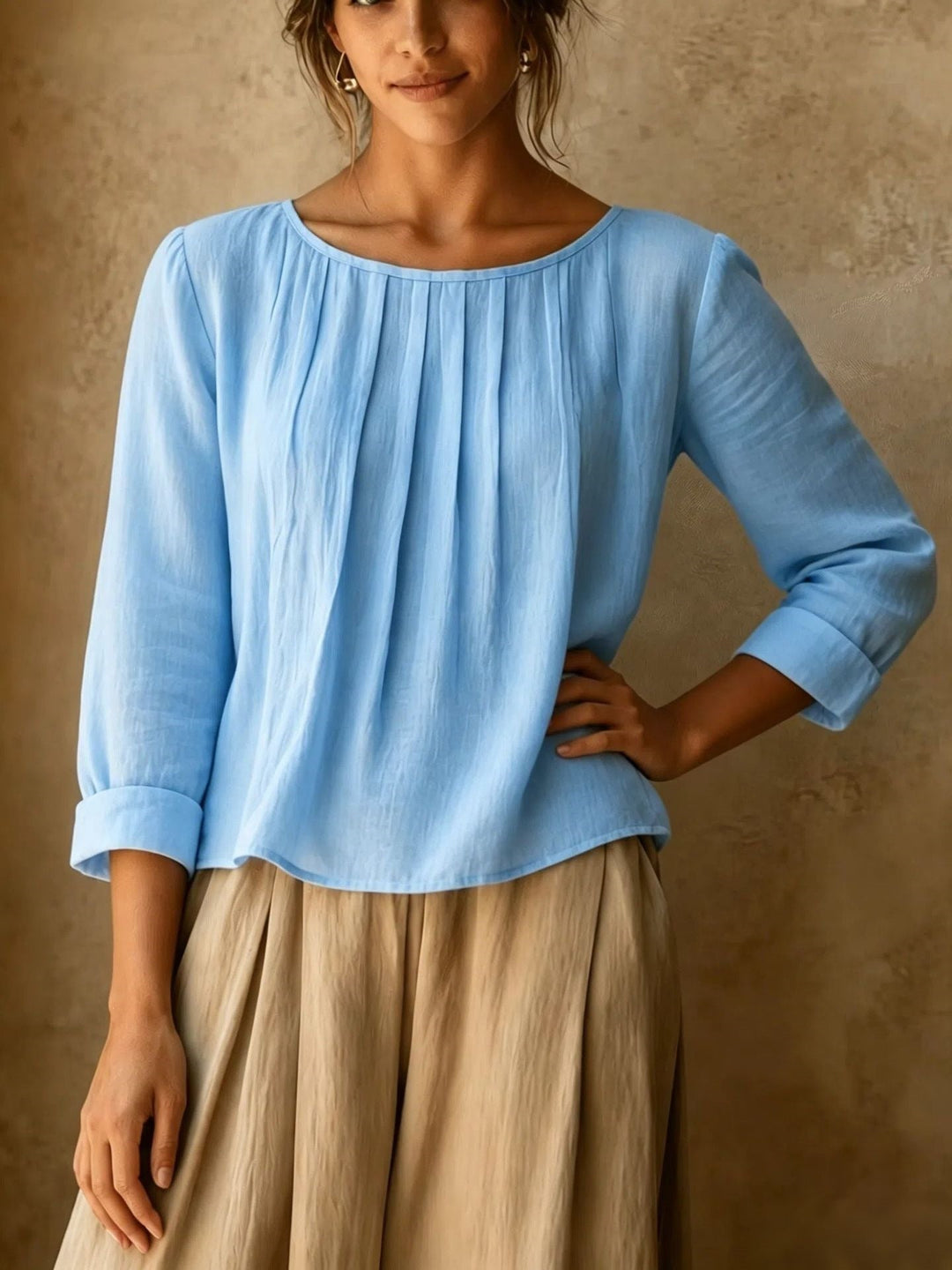 Kairaisse | Women's Relaxed Casual Blouse Linen Pleated Front — Light Blue