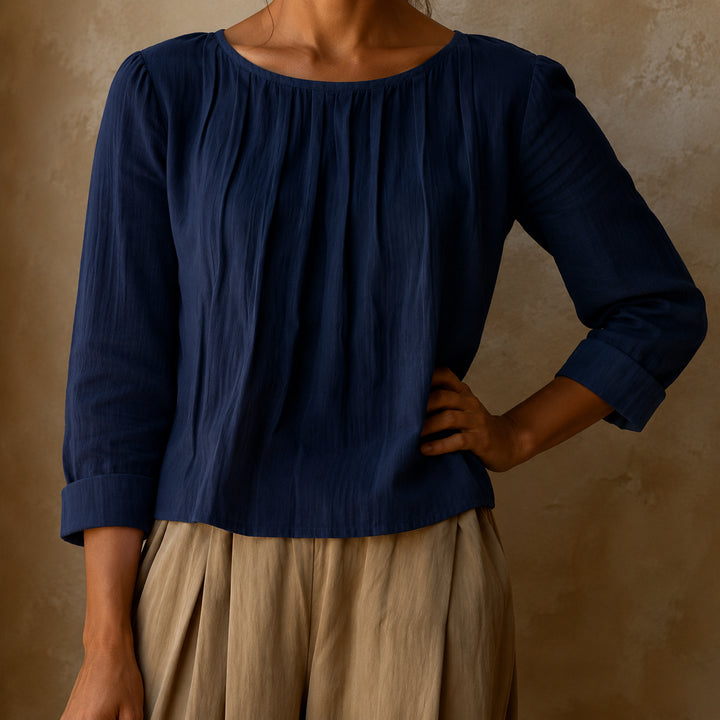 Kairaisse | Women's Relaxed Casual Blouse Linen Pleated Front — Navy Blue