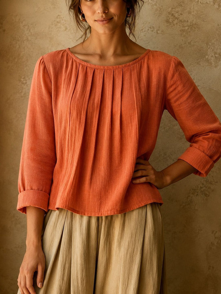 Kairaisse | Women's Relaxed Casual Blouse Linen Pleated Front — Orange