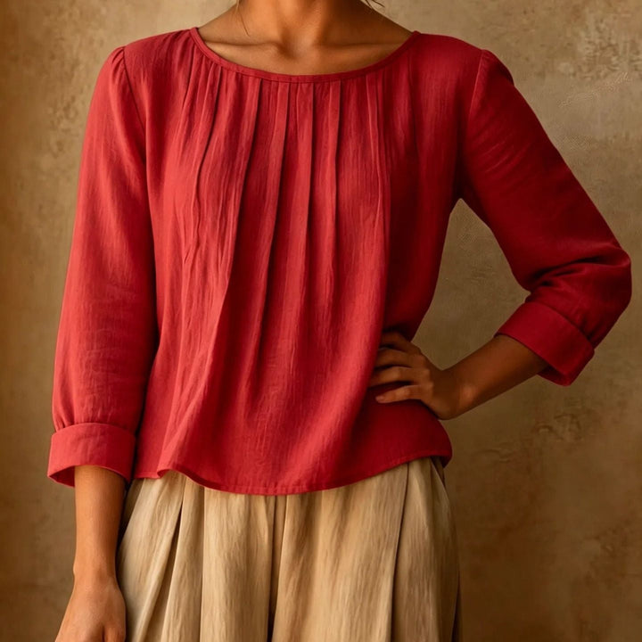 Kairaisse | Women's Relaxed Casual Blouse Linen Pleated Front — Red