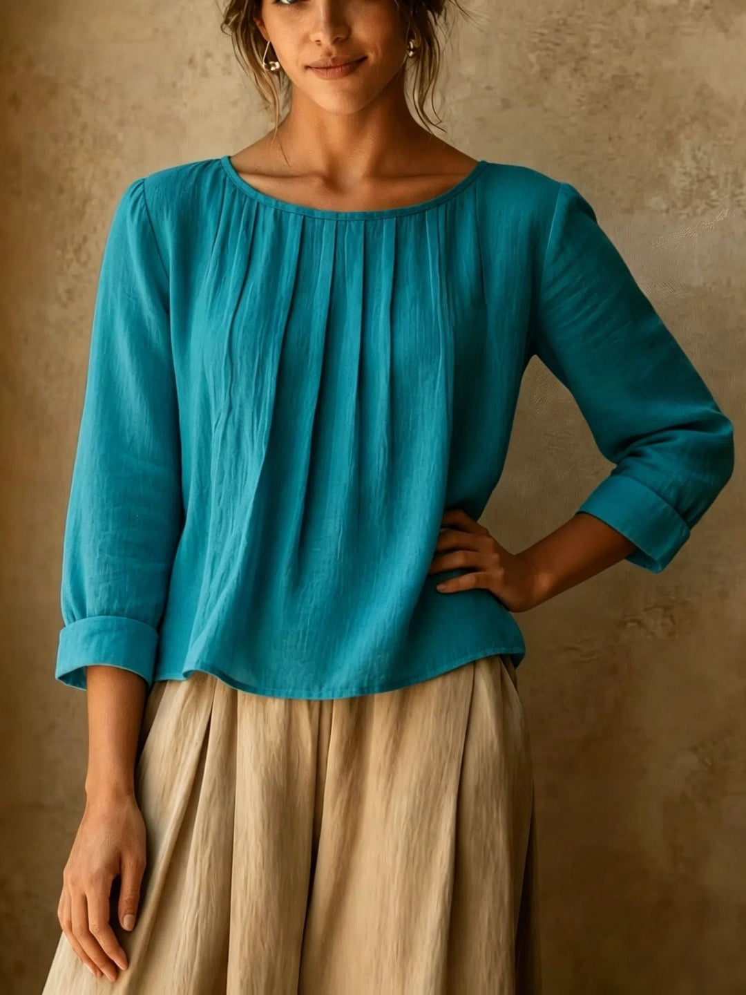 Kairaisse | Women's Relaxed Casual Blouse Linen Pleated Front — Turquoise