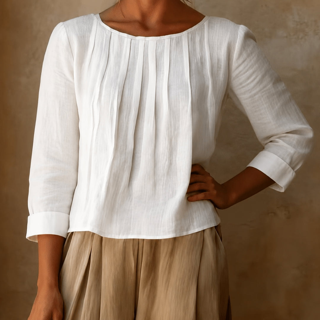Kairaisse | Women's Relaxed Casual Blouse Linen Pleated Front — White