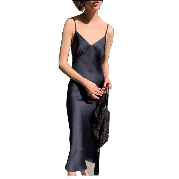 Kairalyn | Women's Elegant Ivory Satin Slip Midi Dress — Black