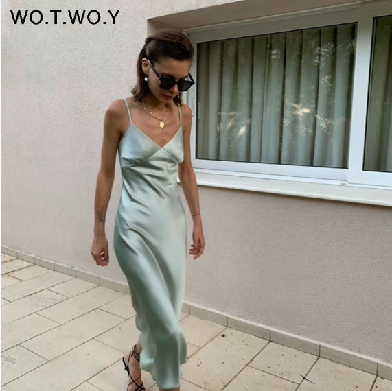 Kairalyn | Women's Elegant Ivory Satin Slip Midi Dress — Blue