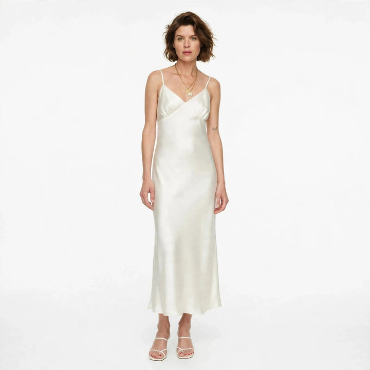 Kairalyn | Women's Elegant Ivory Satin Slip Midi Dress — 1