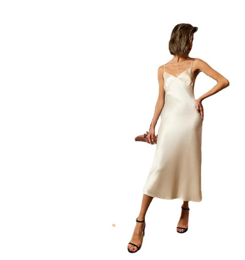 Kairalyn | Women's Elegant Ivory Satin Slip Midi Dress — Khaki