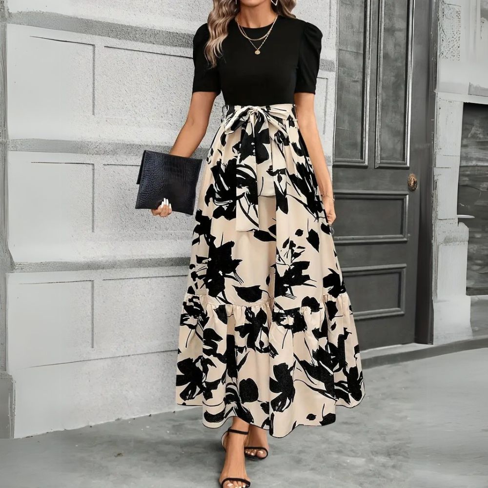 Kalidora | Women's Elegant Floral Print Maxi Dress with Puff Sleeves — Beige Black