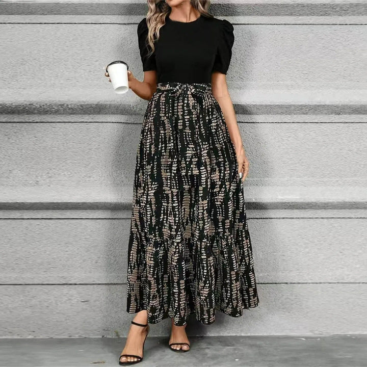Kalidora | Women's Elegant Floral Print Maxi Dress with Puff Sleeves — Black