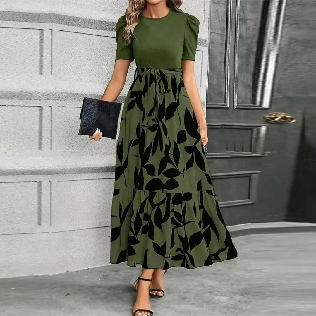Kalidora | Women's Elegant Floral Print Maxi Dress with Puff Sleeves — Green Black