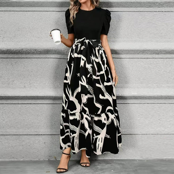Kalidora | Women's Elegant Floral Print Maxi Dress with Puff Sleeves — White Black