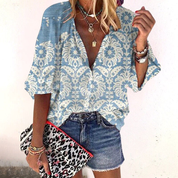 Kalielle | Women's Relaxed Casual Floral Boho Blouse — Blue