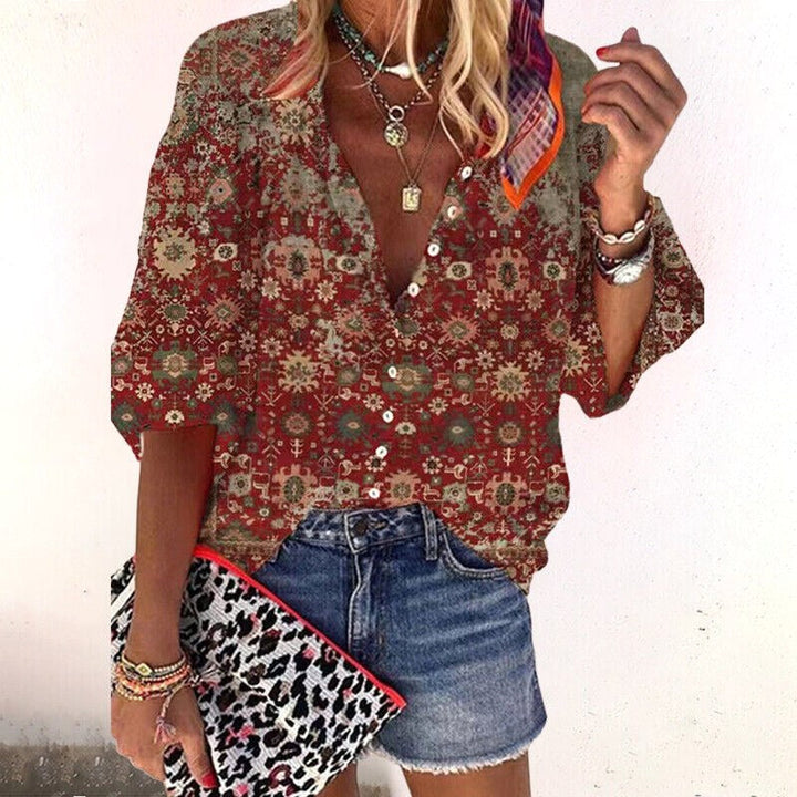 Kalielle | Women's Relaxed Casual Floral Boho Blouse — Brown