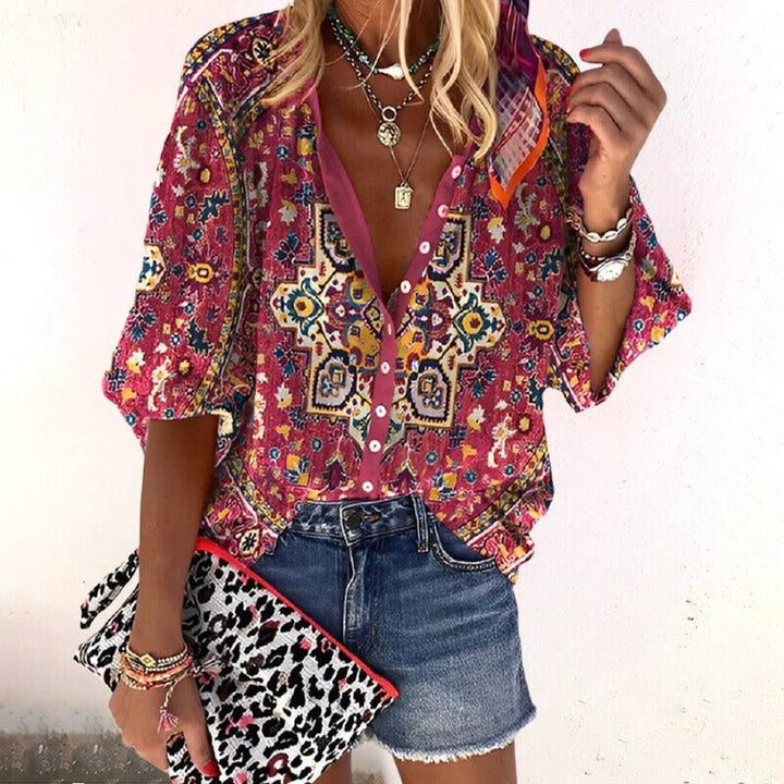 Kalielle | Women's Relaxed Casual Floral Boho Blouse — Red