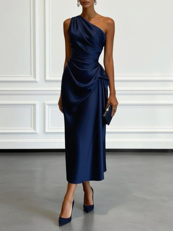 Kaliora | Women's Elegant Wedding Guest One-Shoulder Midi Dress with Ruched Waist for — Blue