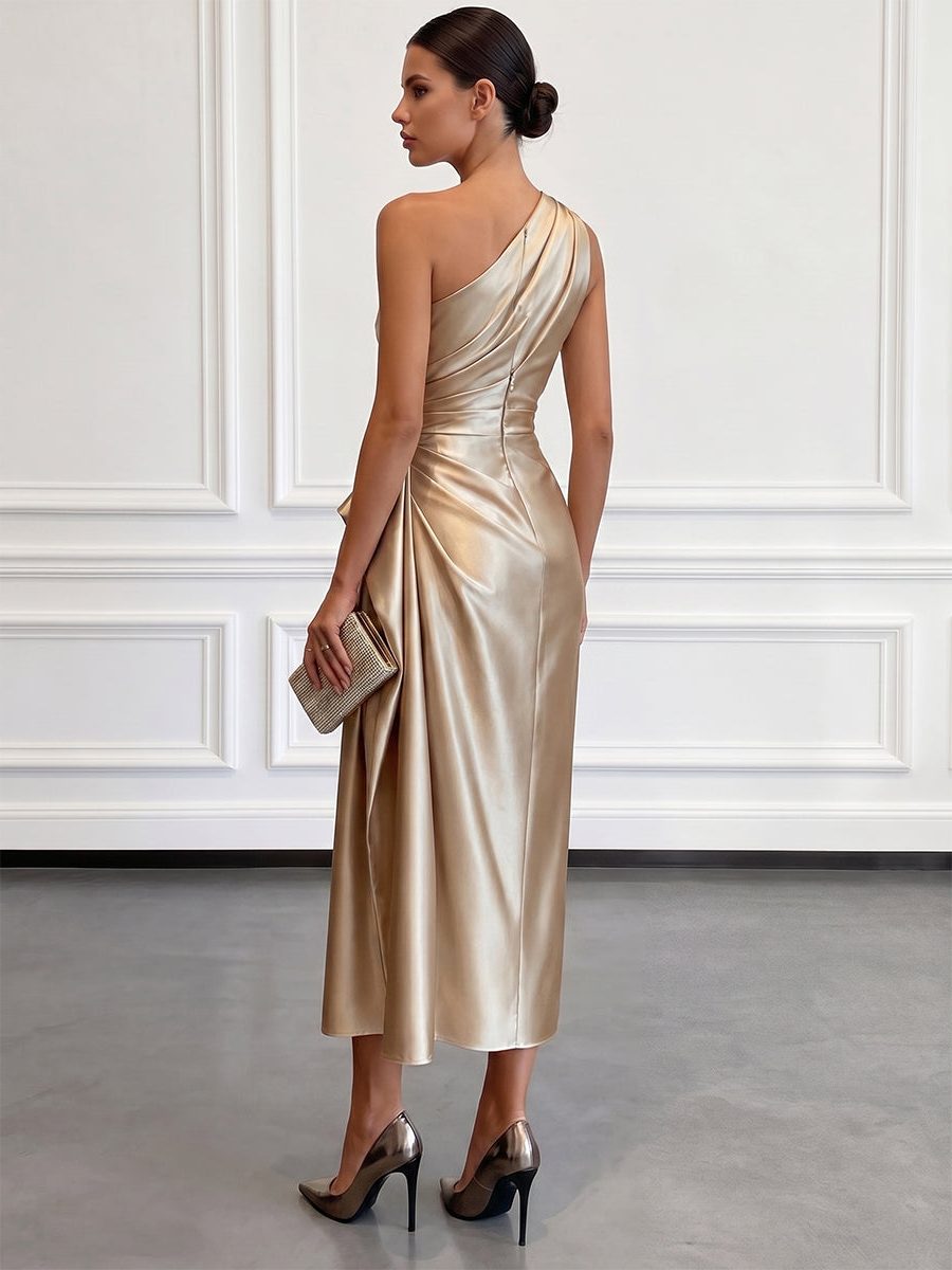 Kaliora | Women's Elegant Wedding Guest One-Shoulder Midi Dress with Ruched Waist for — 2