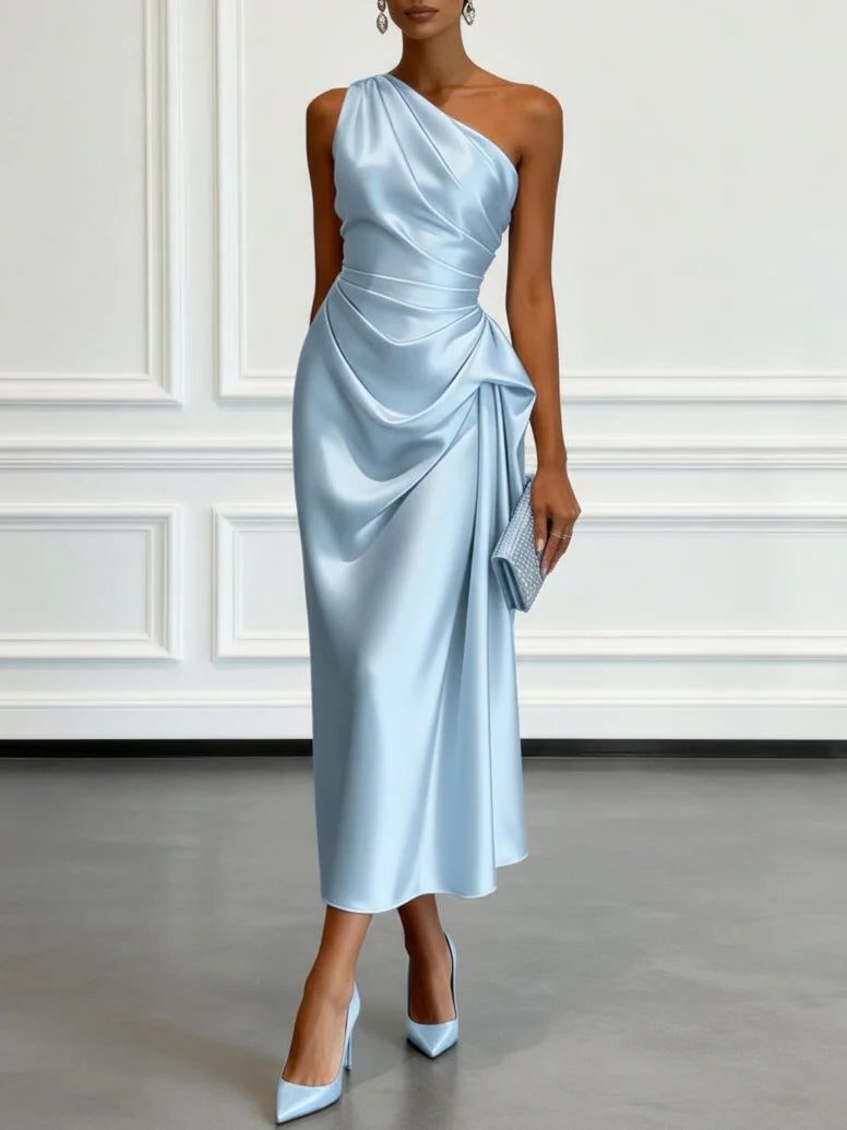 Kaliora | Women's Elegant Wedding Guest One-Shoulder Midi Dress with Ruched Waist for — Light Blue