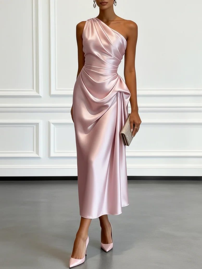 Kaliora | Women's Elegant Wedding Guest One-Shoulder Midi Dress with Ruched Waist for — Pink