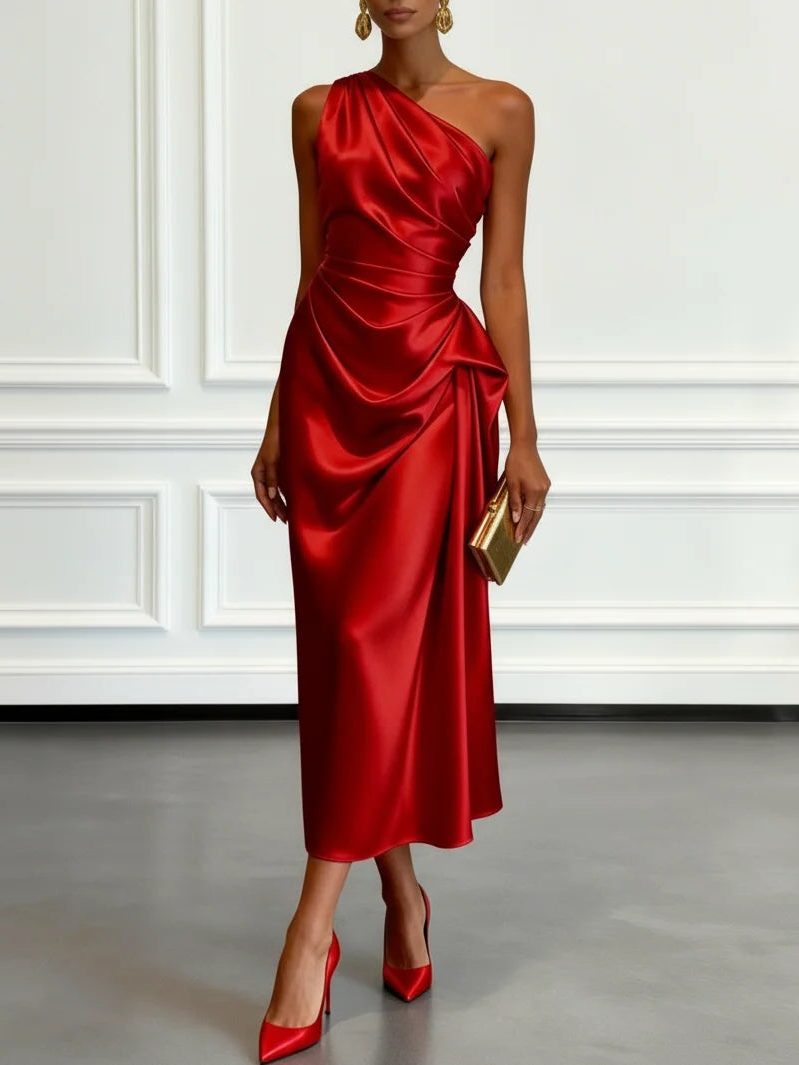 Kaliora | Women's Elegant Wedding Guest One-Shoulder Midi Dress with Ruched Waist for — Red