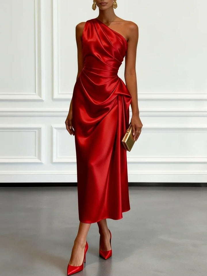 Kaliora | Women's Elegant Wedding Guest One-Shoulder Midi Dress with Ruched Waist for — Red
