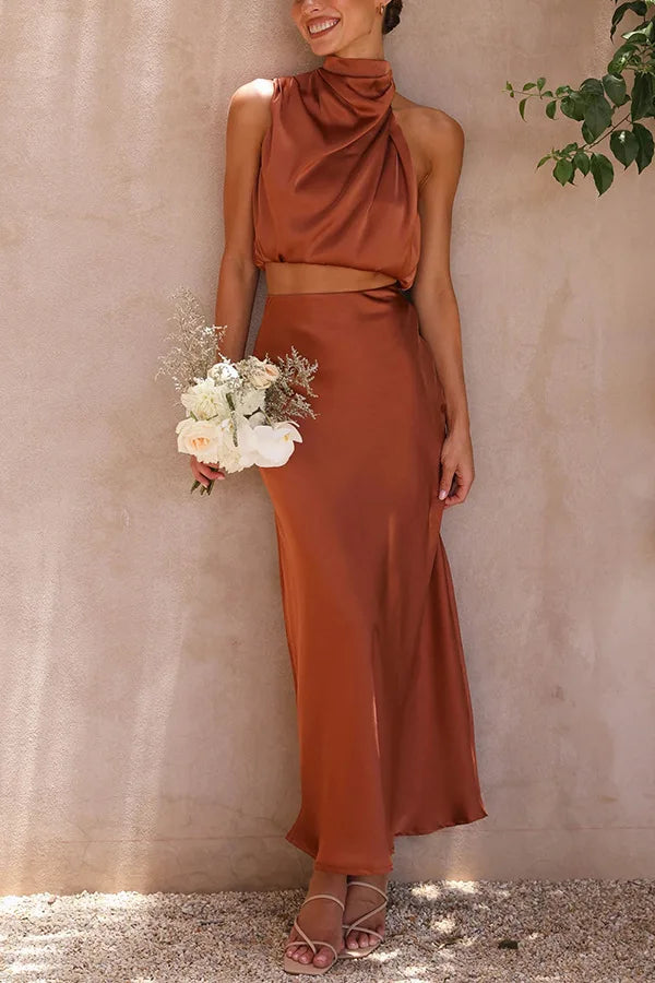 Kara | Women's Matching Satin Halter Neck Two-Piece Maxi Dress Set — 1