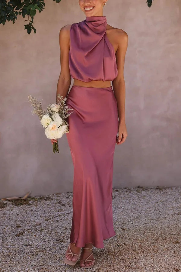 Kara | Women's Matching Satin Halter Neck Two-Piece Maxi Dress Set — 2