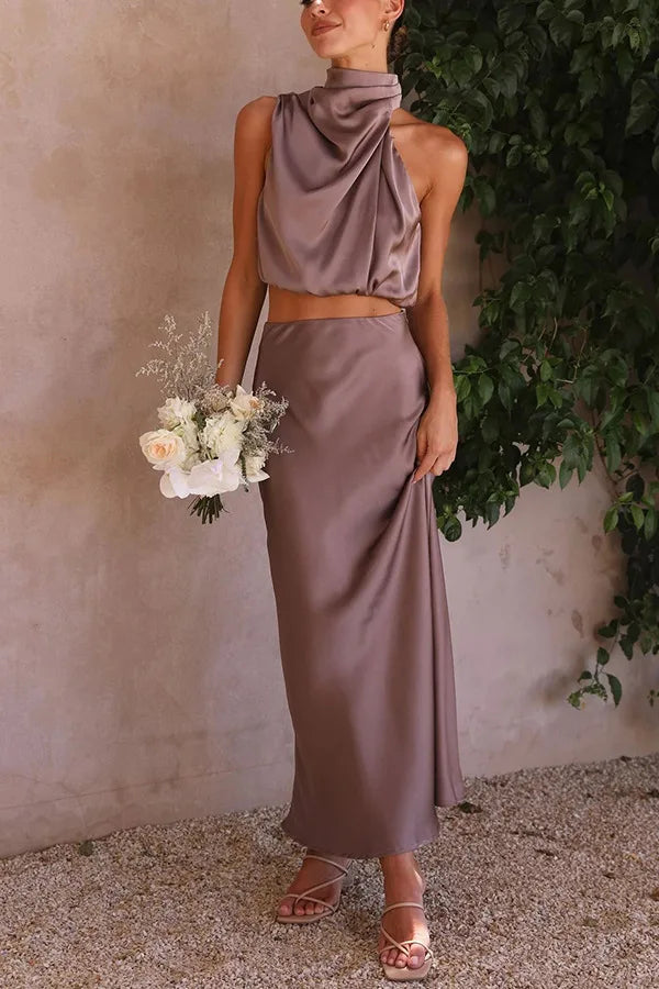 Kara | Women's Matching Satin Halter Neck Two-Piece Maxi Dress Set — Purple